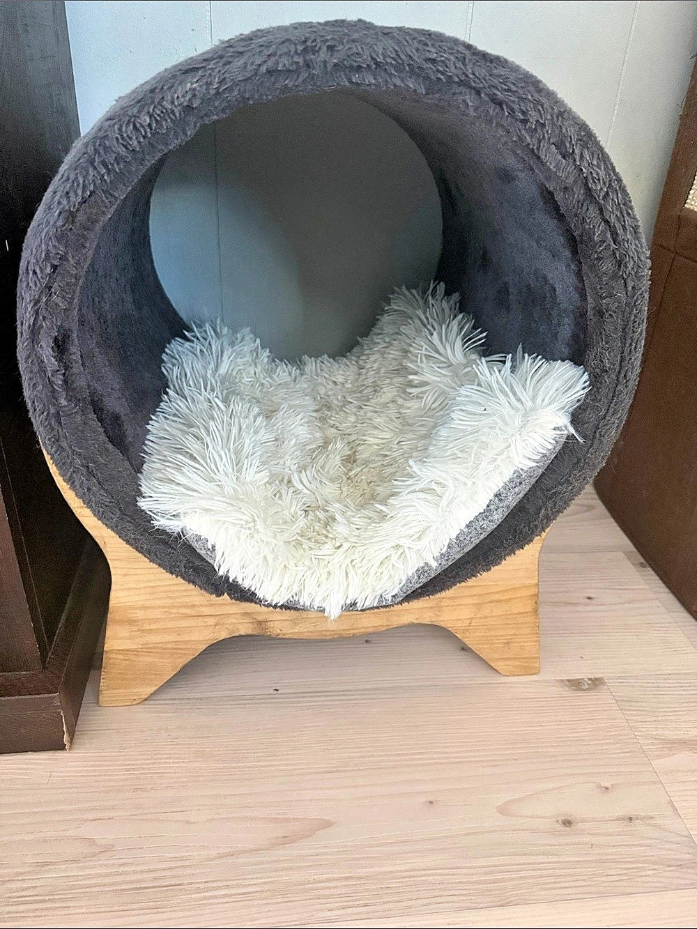 Gray & White Cat Bed with Wooden Base
